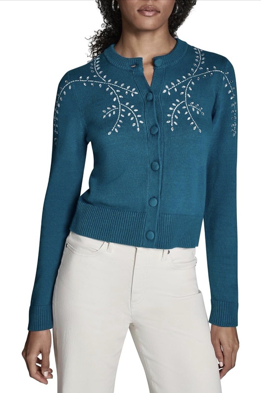 BCBG Womens Long Sleeve Cardigan with Hotfix Detail Size S Azure Blue